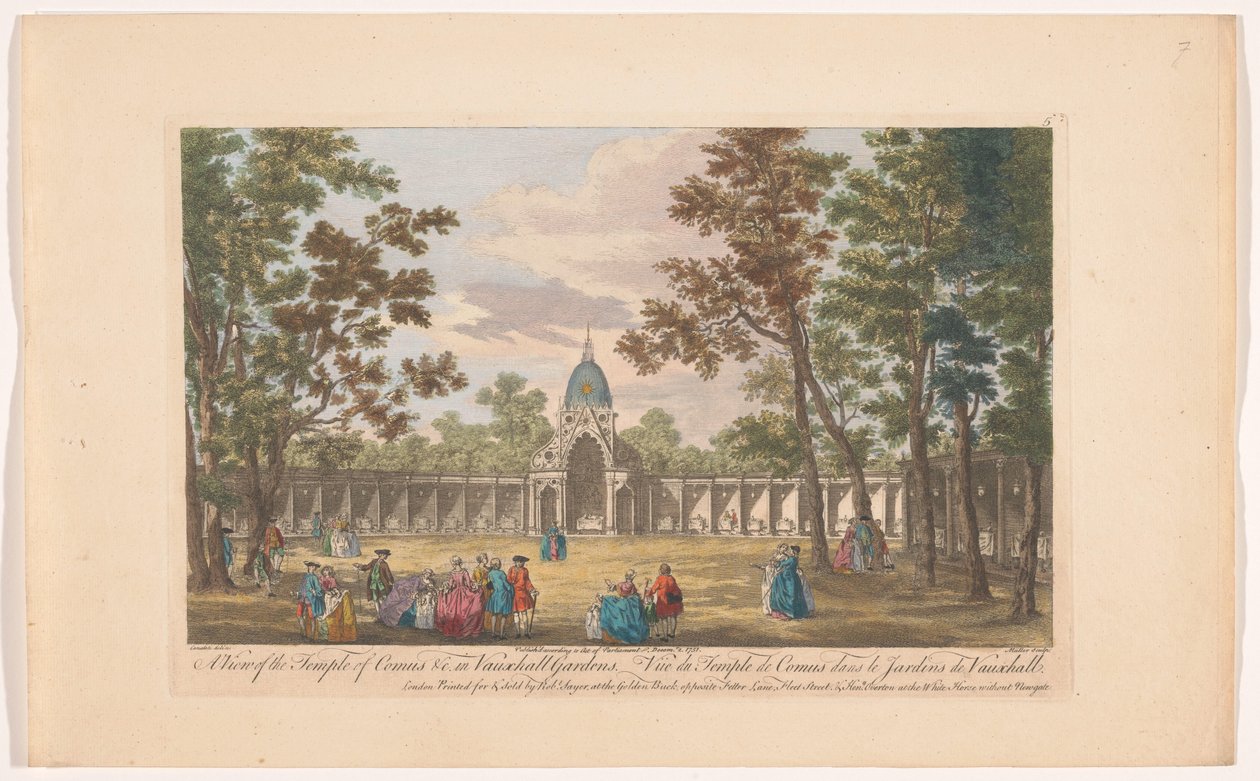 Gezicht op de Temple of Comus a londoni Vauxhall Gardensben Kilátás a Comus-templomra stb. a Vauxhall Gardensben (cím az objektumon) Ranelagh Gardens és Vauxhall Gardens (sorozat címe) alkotó: Robert Sayer