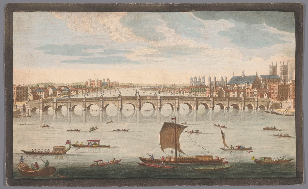 Kilátás a Westminster-hídra a Temze folyó felett Londonban, északról nézve A Westminster Bridge déli képe (cím az objektumon) alkotó: Robert Sayer