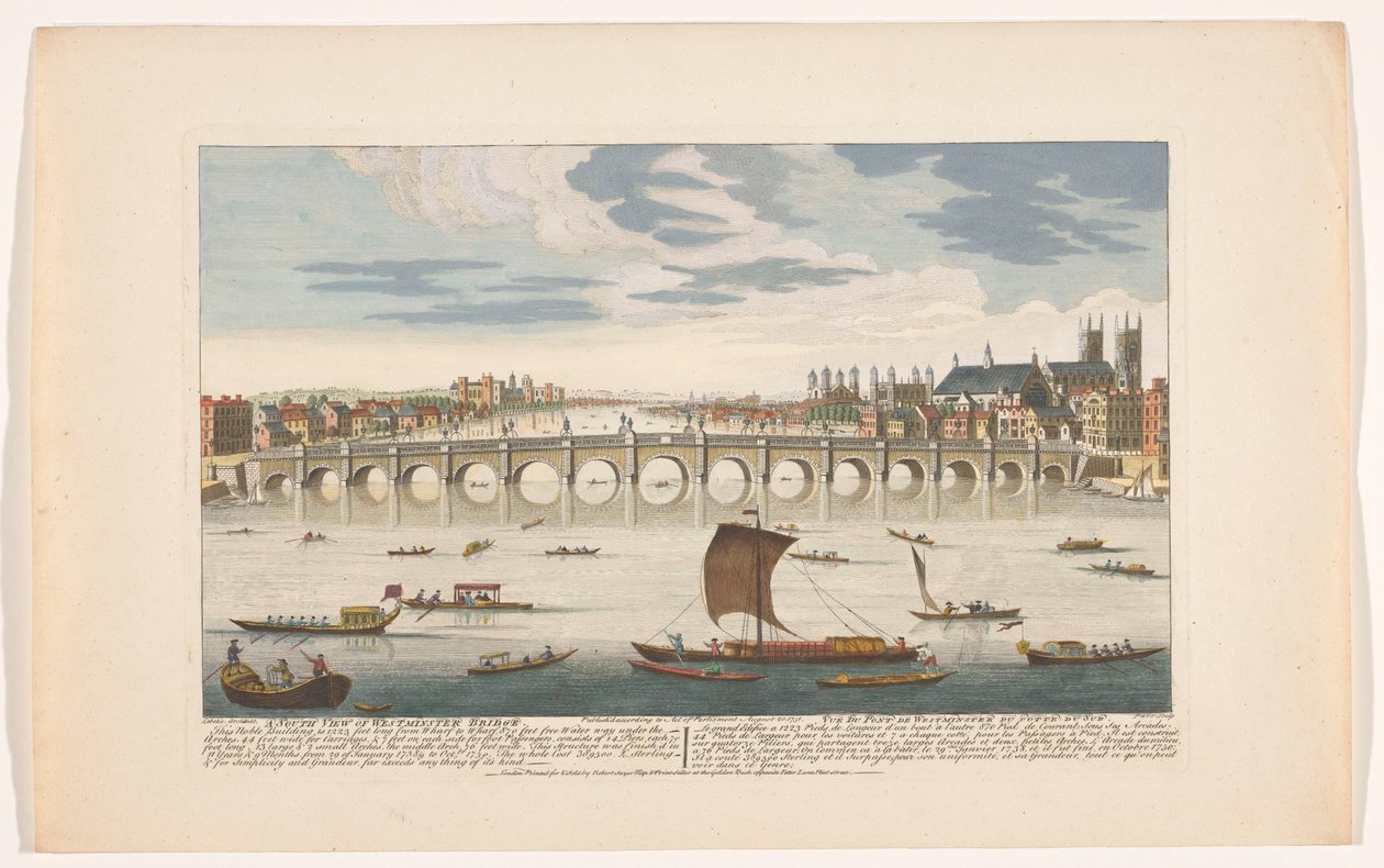 Kilátás a Westminster hídra a Temze folyó felett Londonban, északról nézve A Westminster Bridge déli képe (cím az objektumon) alkotó: Robert Sayer