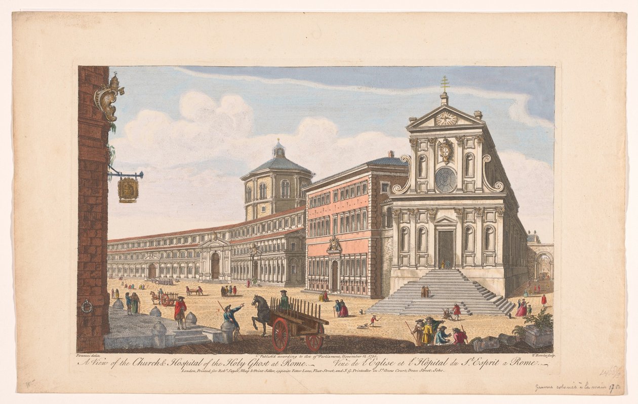 Gezicht op de kerk Santo Spirito in Sassia te Rome Kilátás a római Szentlélek templomra és kórházra (cím a tárgyon) Róma (sorozat címe) alkotó: Robert Sayer