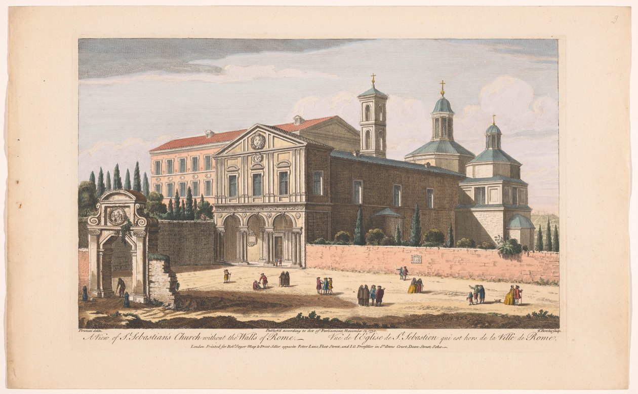 Kilátás a Szent Sebestyén-templomra a falakon kívül Rómában A Szent Sebestyén-templom kilátása Róma falai nélkül (cím a tárgyon) Róma (sorozat címe) alkotó: Robert Sayer