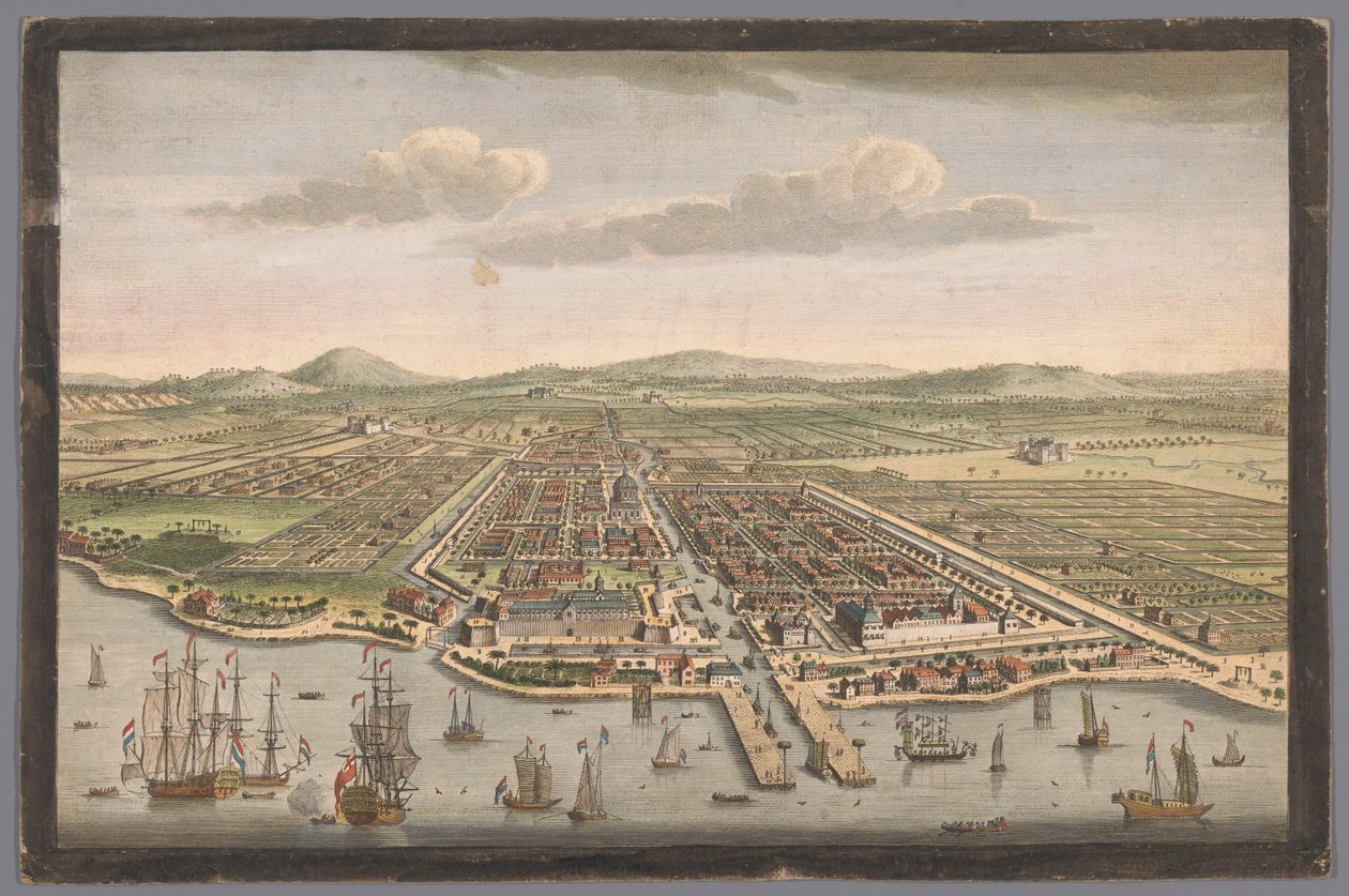 Gezicht op de stad Batavia Batavia városa Jáva szigetén és a Kelet-Indiában található összes holland gyár és település fővárosa (cím a tárgyon) Nederzettingen van de VOC (sorozat címe) alkotó: Robert Sayer