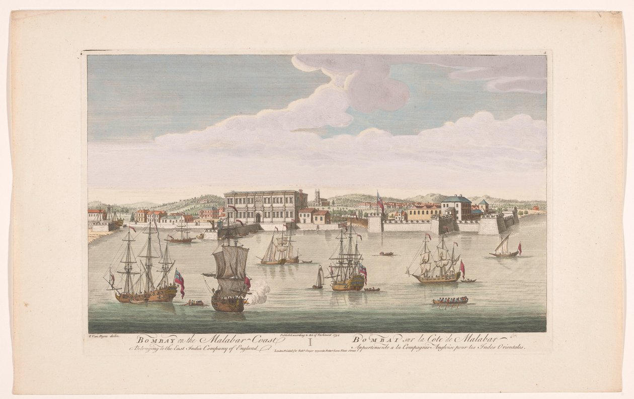 Kilátás Bombay városára Bombay a Malabar-parton, amely az angliai Kelet-indiai Társasághoz tartozik (cím a tárgyon) A VOC települései (sorozat címe) alkotó: Robert Sayer