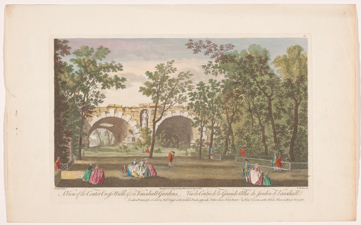Kilátás a londoni Vauxhall Gardens egyik sugárútjára Kilátás a középső keresztútra stb. a Vauxhall Gardensben (cím az objektumon) Ranelagh Gardens és Vauxhall Gardens (sorozat címe) alkotó: Robert Sayer