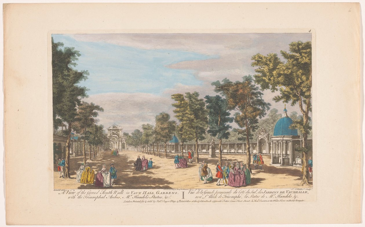 Kilátás a londoni Vauxhall Gardens diadalíves sugárútjára Kilátás a Vauxhall Gardens nagy déli sétájára. A diadalívekkel Mr. Händel szobra stb. (cím a tárgyon) Ranelagh Gardens és Vauxhall Gardens (sorozat címe) alkotó: Robert Sayer