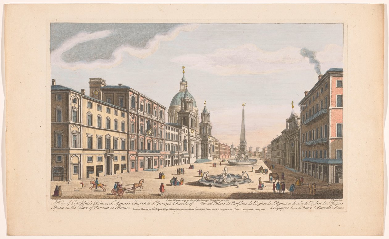 Gezicht op het Palazzo Pamphili és a Piazza Navona Rómában Panfilius-palota, Szent Agnus-templom és Spanyol Szent Jakab-templom kilátása a Navona-helyen Rómában (cím a tárgyon) Róma (sorozat címe) alkotó: Robert Sayer