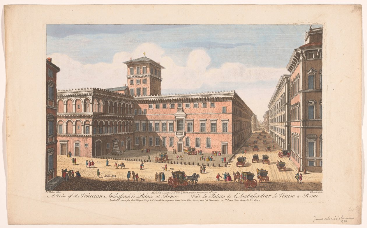 Gezicht op het Palazzo Venezia te Róma Kilátás a római velencei nagykövetek palotájára (cím a tárgyon) Róma (sorozat címe) alkotó: Robert Sayer