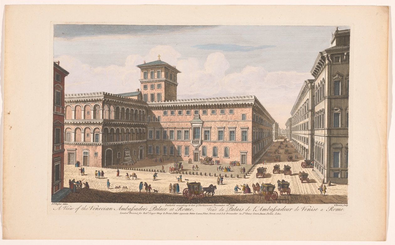 Gezicht op het Palazzo Venezia te Róma Kilátás a római velencei nagykövetek palotájára (cím a tárgyon) Róma (sorozat címe) alkotó: Robert Sayer