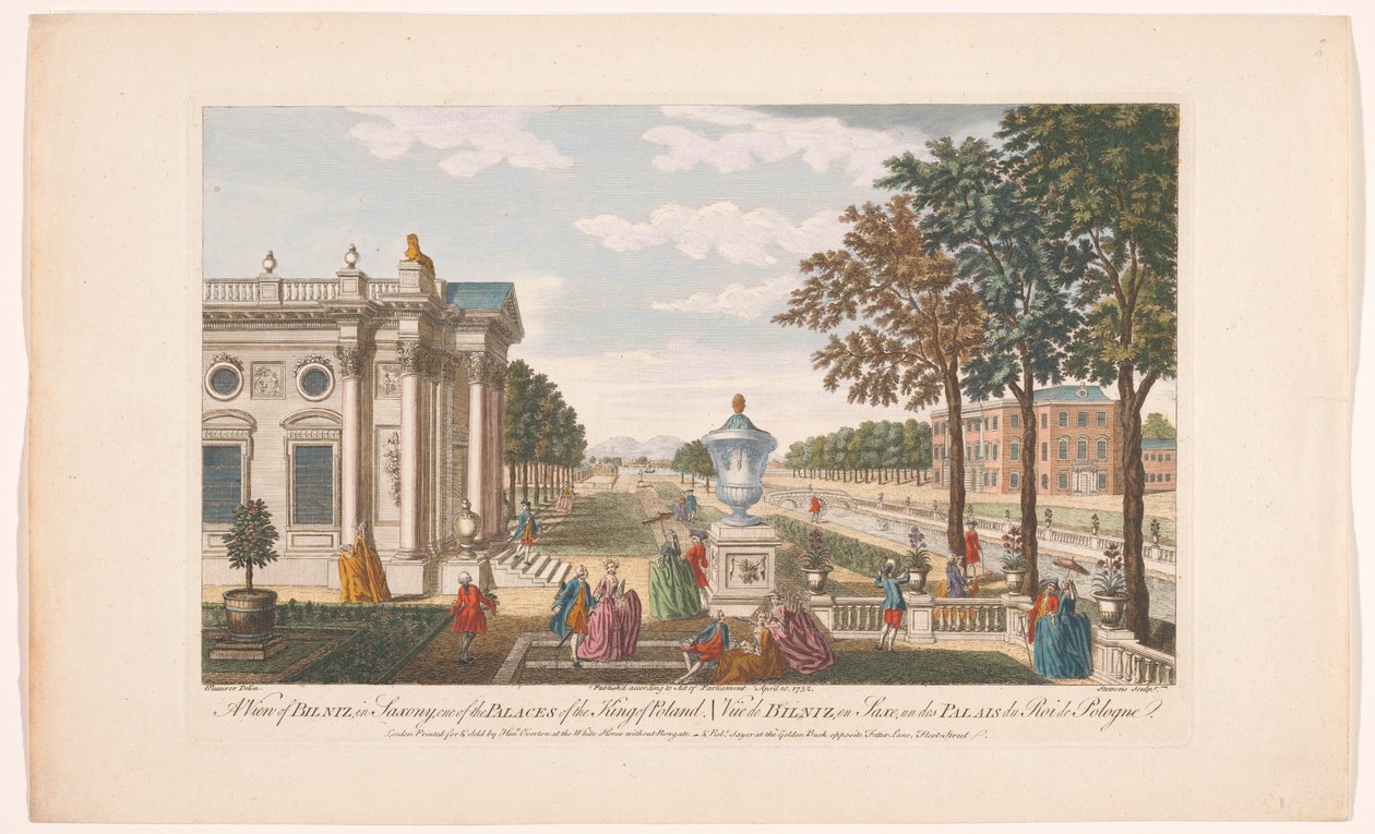 Gezicht op het Schloss Pillnitz Kilátás a szászországi Bilnizre, a lengyel király egyik palotájára (cím a tárgyon) Saksen (sorozat címe) alkotó: Robert Sayer