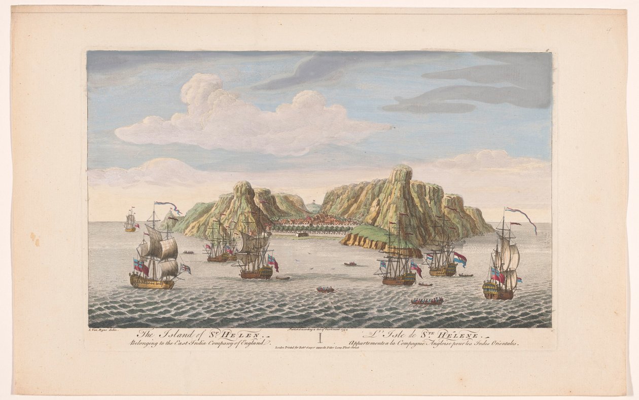 Kilátás a Saint Helena-szigetre Szent Helén szigete. Az angliai East India Company tagja (cím a tárgyon) A VOC települései (sorozat címe) alkotó: Robert Sayer