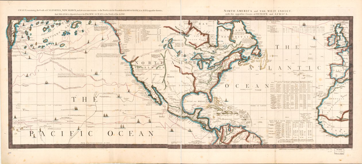 Diagram, amely Kalifornia, New Albion partjait és az északi orosz felfedezéseket tartalmazza; a Kamtschatka-félszigettel, Ázsiában, vele szemben; és szigetek, a Csendes-óceán felett, a vonaltól északra. Észak-Amerika és Nyugat alkotó: Robert Sayer And John Bennett