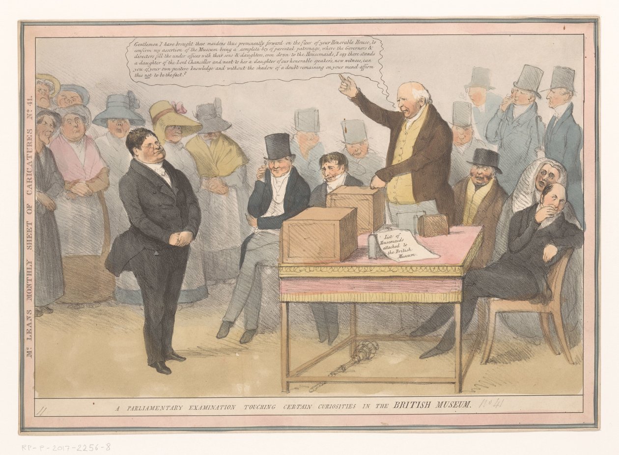 Helyszín a British Museum felett Egyes érdekességeket érintő parlamenti vizsga a British Museumban (cím a tárgyon) Karikatúrák havi lapja 41. sz. (cím a tárgyon) alkotó: Robert Seymour (possibly)