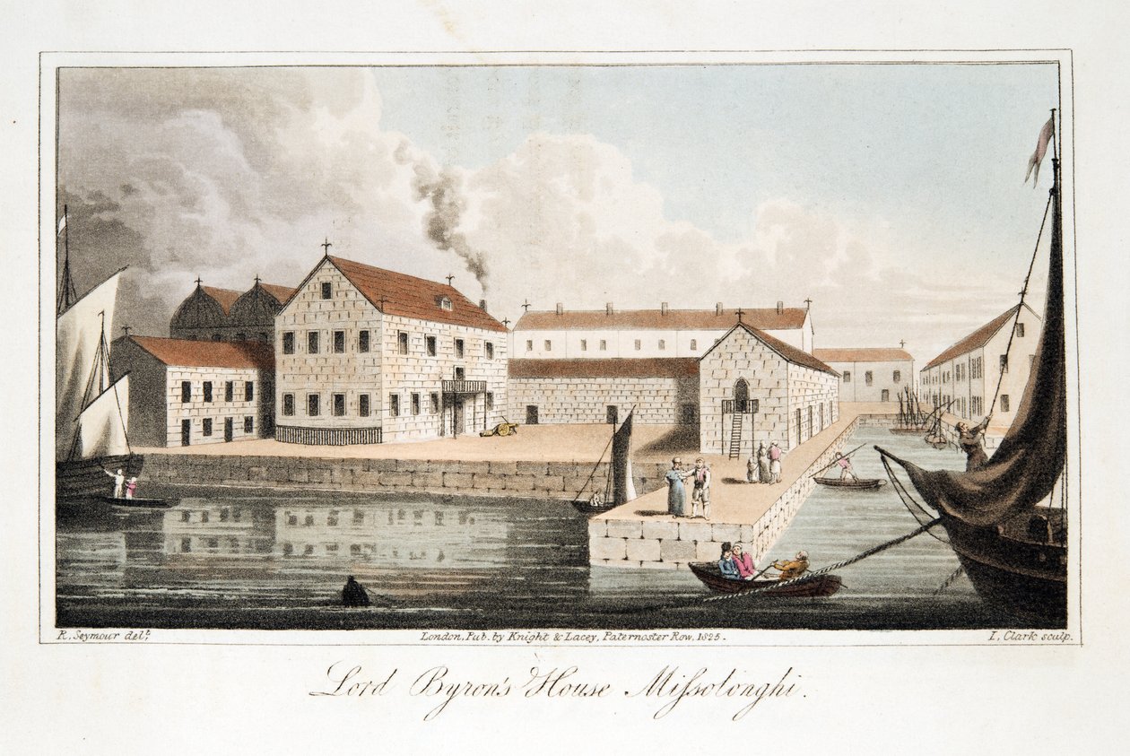 Lord Byron háza Missolonghiban, William Parry Lord Byron utolsó napjaiból, pub. 1825 (kézzel színezett metszet) alkotó: Robert Seymour