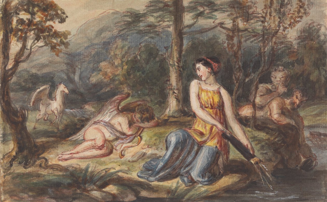Diana, a vadászat istennője szatírokkal, alvó Ámorral és egy Pegazusszal erdős tájon alkotó: Robert Smirke