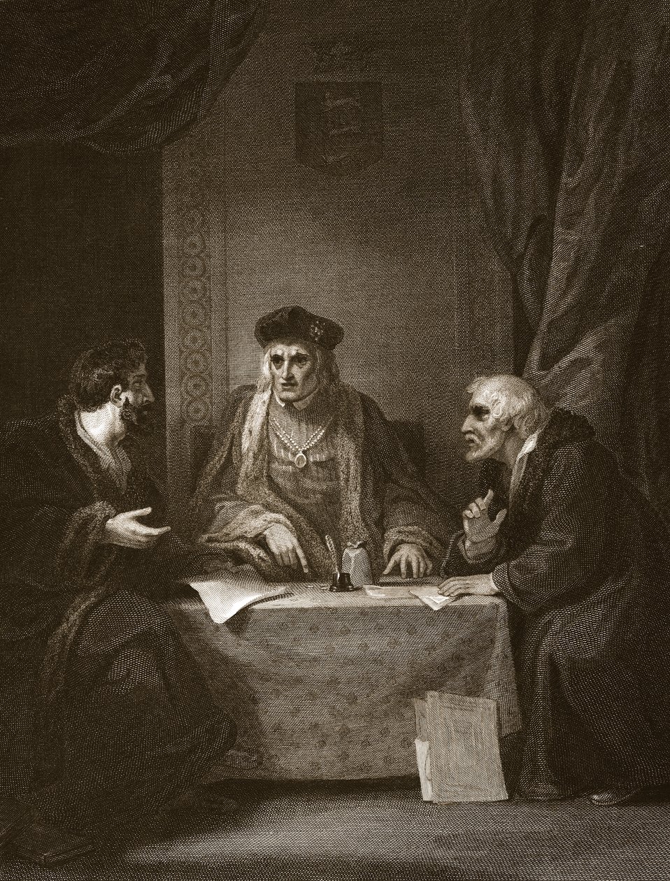 Henry VII Empson és Dudley társaságában, Worthington metszet, illusztráció David Hume „Anglia története” című kocsmából. R. Bowyer, London, 1812 alkotó: Robert Smirke