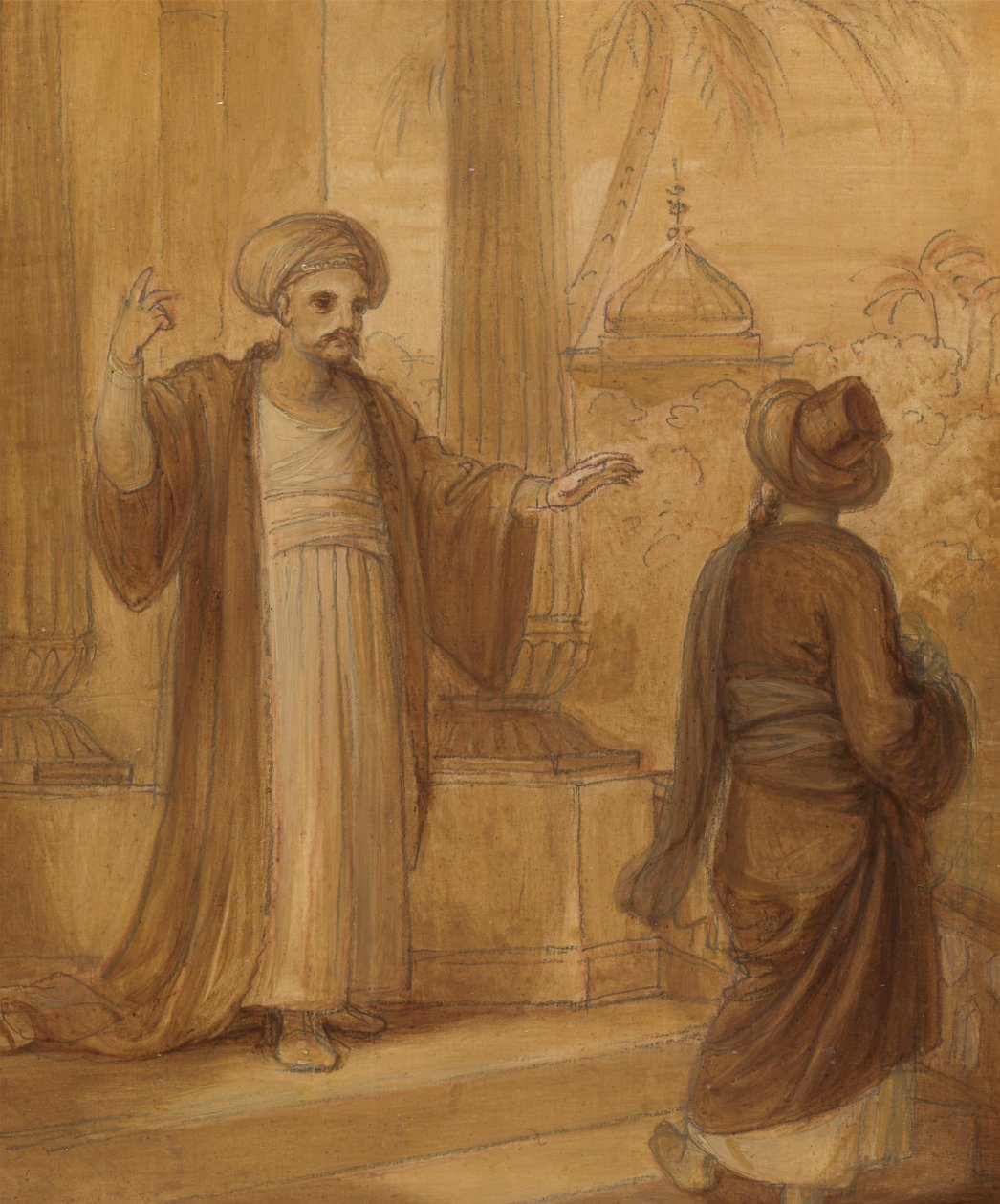 Illusztráció egy keleti románchoz, esetleg „Az arab éjszakákhoz”, két álló férfialakkal alkotó: Robert Smirke