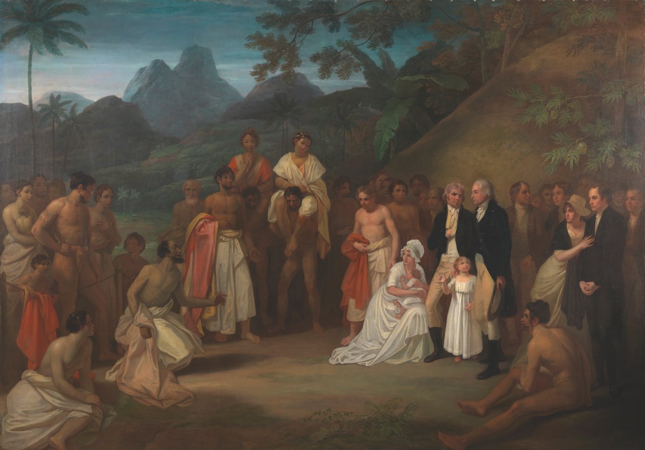 Az Otaheite szigetén (Tahiti) található Matavai kerület átadása James Wilson kapitánynak alkotó: Robert Smirke