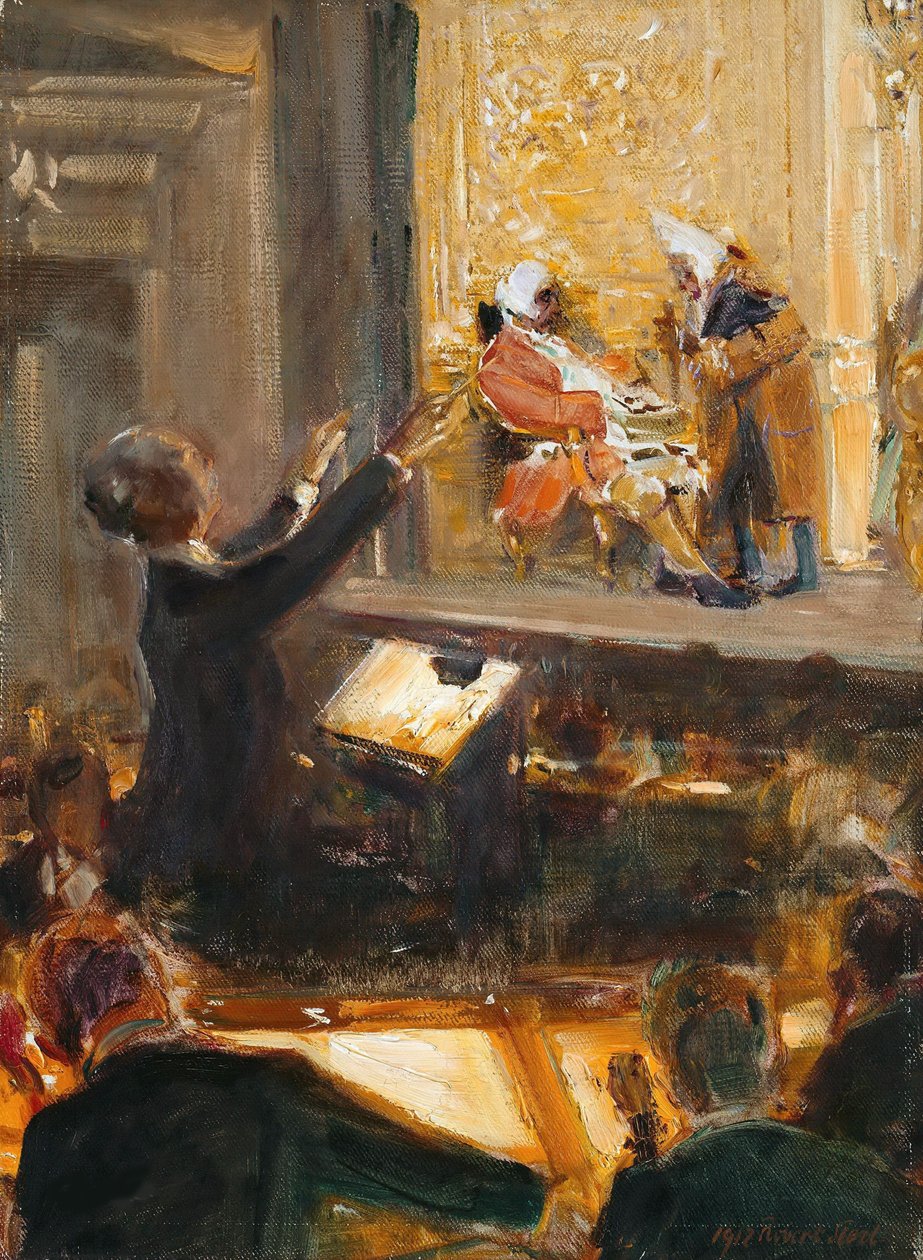 Ernst Edler von Schuch vezényli Richard Strauss Rosenkavalier című művét, 1912. alkotó: Robert Sterl