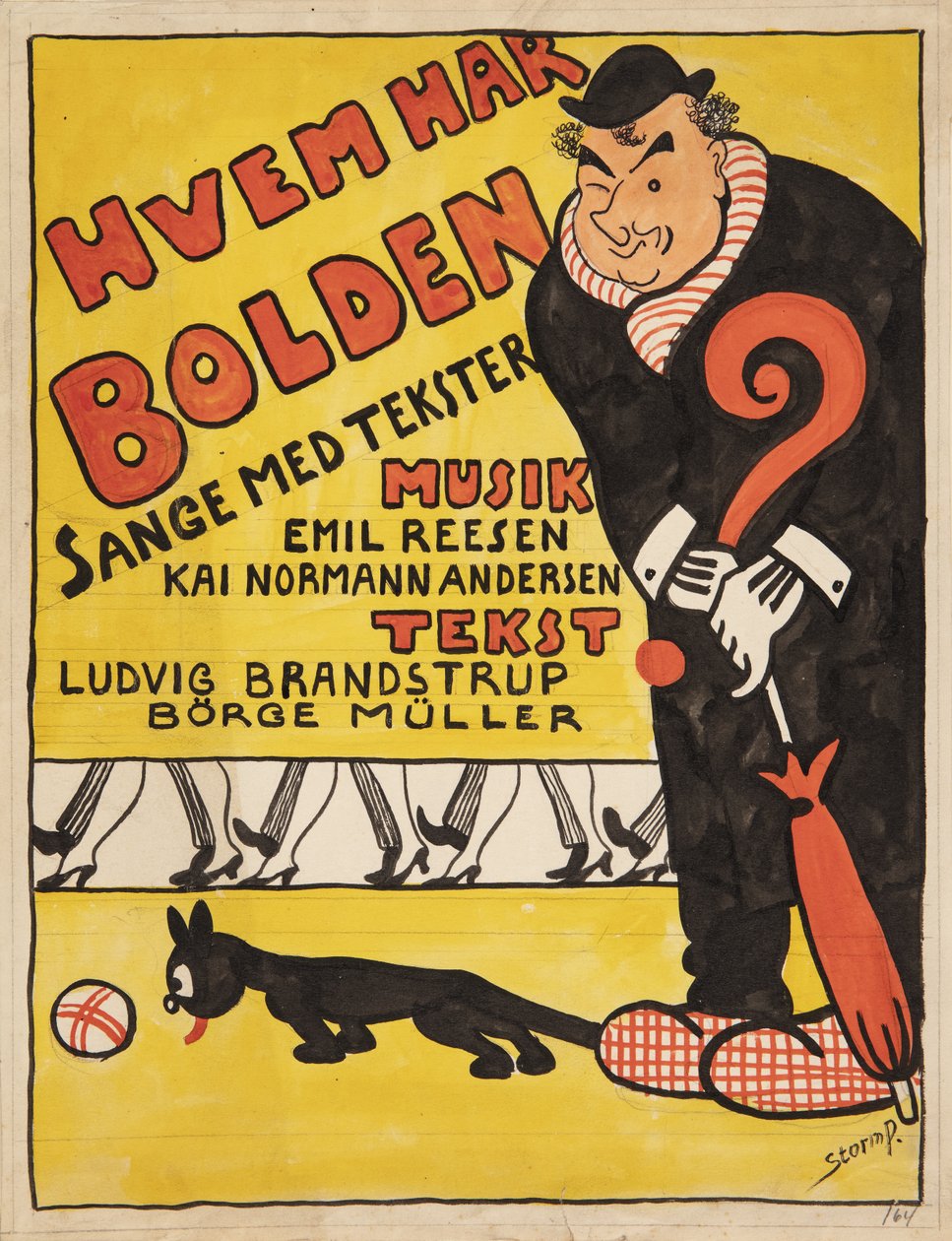 A "Hvem har Bolden" címlapjának elrendezése. Carl Alstrup karikatúra portréja alkotó: Robert Storm Petersen