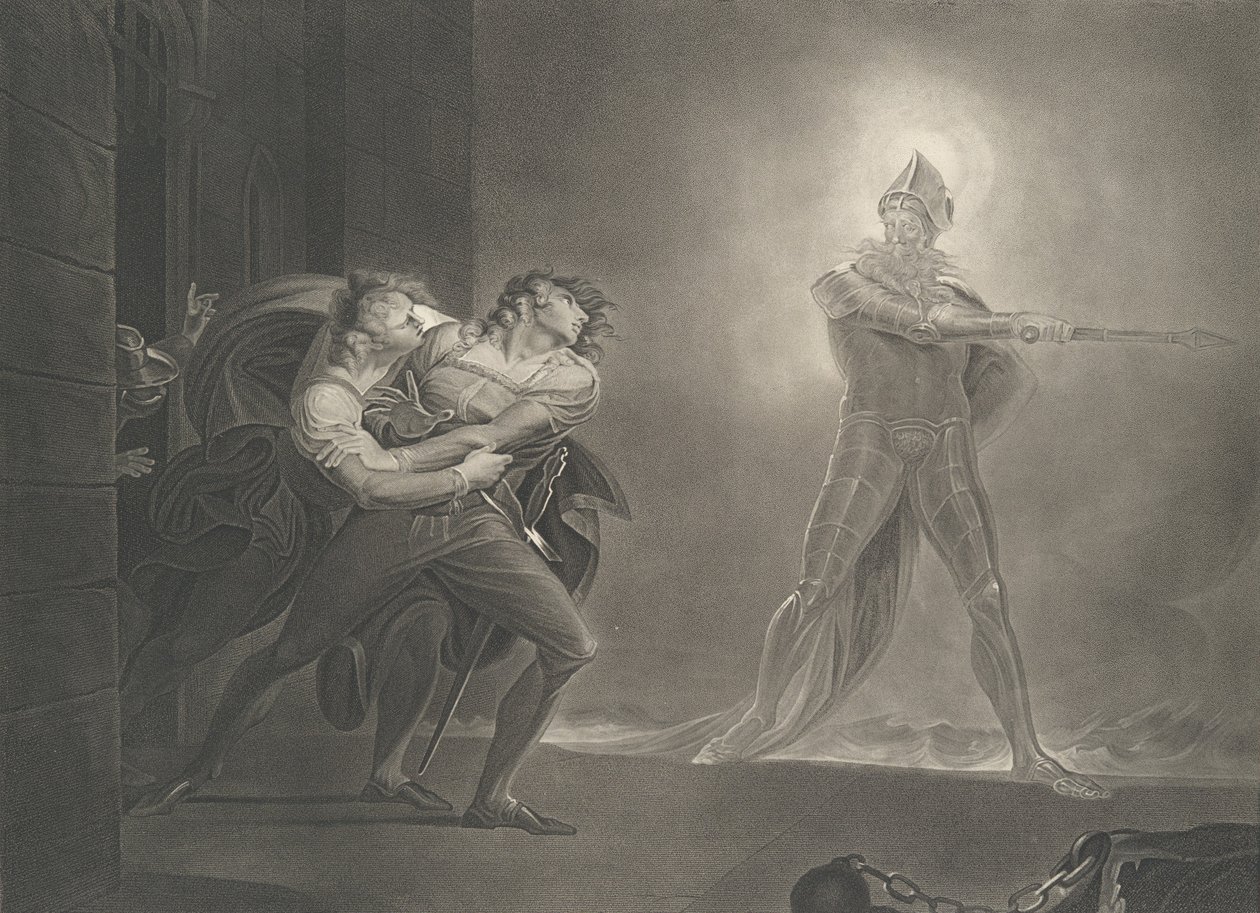 Hamlet, Horatio, Marcellus és a szellem Shakespeare, Haml..., először 1796-ban adták ki, újra kiadták 1852-ben. alkotó: Robert Thew