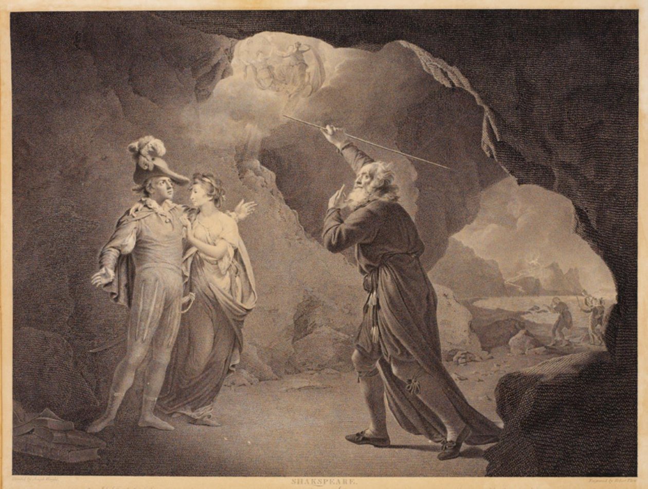 Prospero, Ferdinand és Miranda. William Shakespeare "The Storm" című művéből, 4. felvonás, 1. jelenet alkotó: Robert Thew