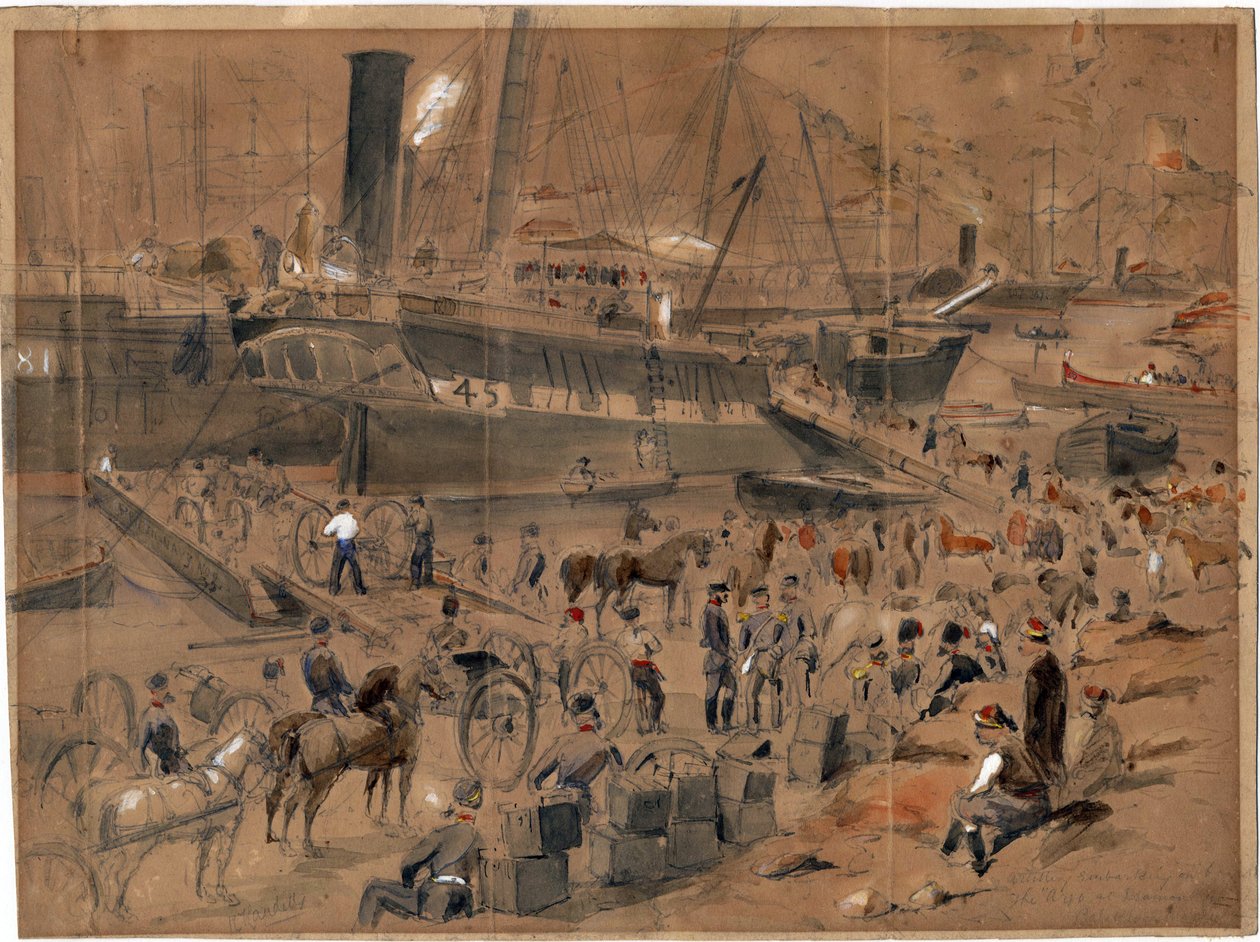 Tüzérség az Argo fedélzetén, Balaklavánál, 1856. május – Tüzérség az Argo fedélzetén. Balaclava, 1856. május, Landells, Robert Thomas (1833-1877) alkotó: Robert Thomas Landells