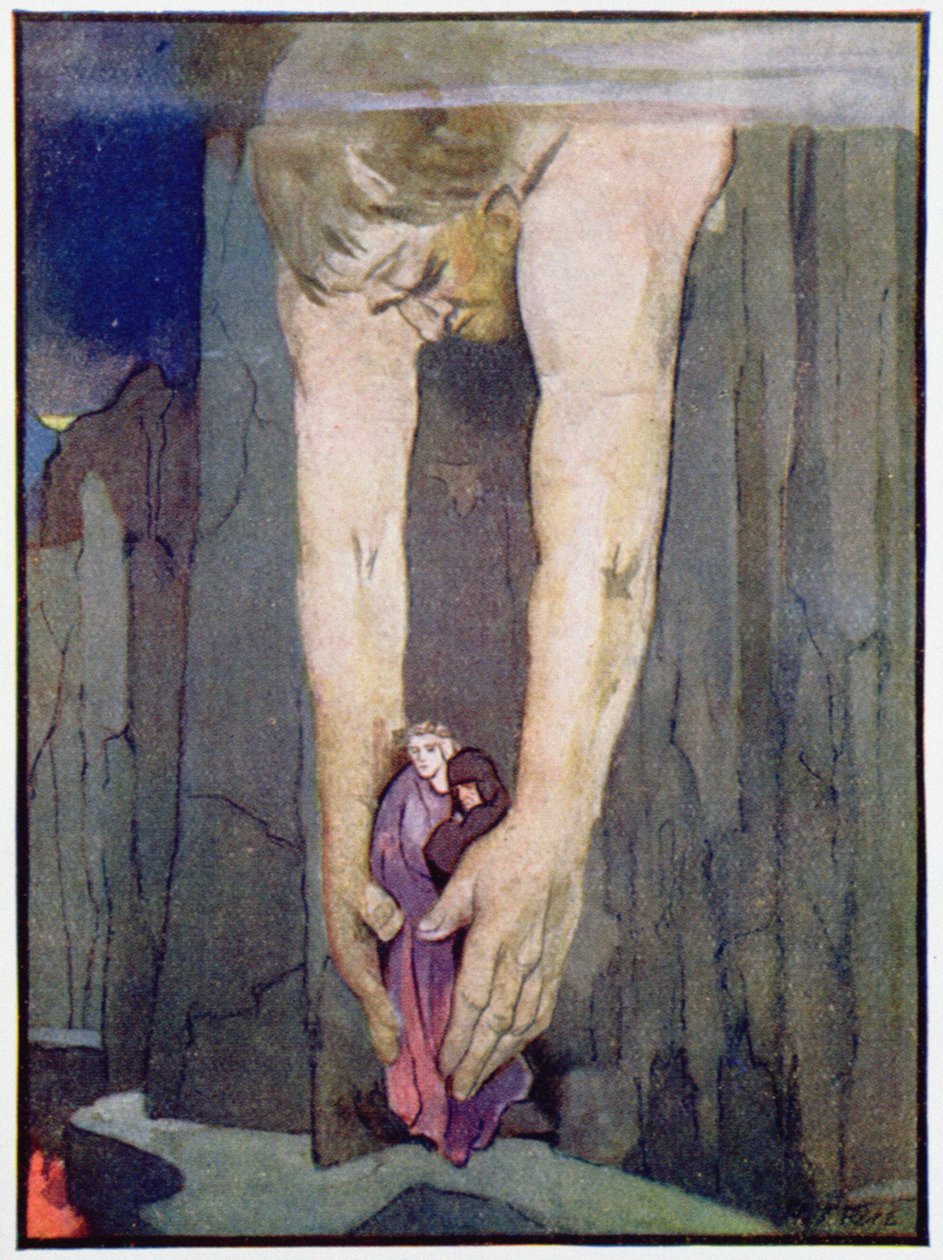 Antaeus leállítja Vergiliust és Dantét a pokol utolsó körében, 1910 körül (színes litó) alkotó: Robert Traill Rose