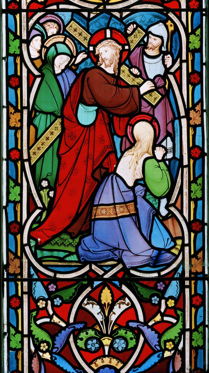 A keresztet hordozó Krisztus és Mária Magdolna, 1865 körül (festett üveg) alkotó: Robert Turnill Bayne
