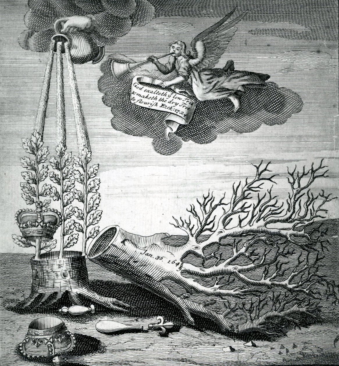 I. Károly kivégzésére és a Stuart-utódlásra utaló emblematikus nyomat, 1715. alkotó: Robert Vaughan