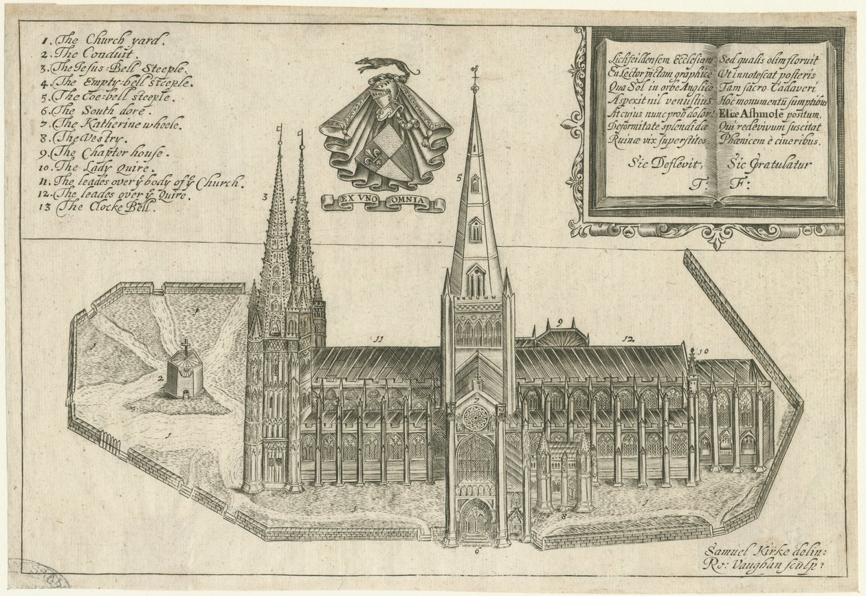 Lichfield katedrális – Déli nézet: rézmetszet, és [17. század] alkotó: Robert Vaughan