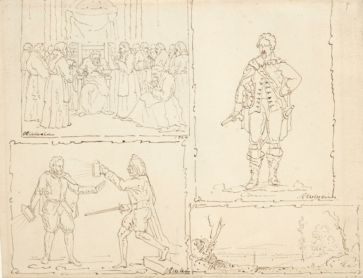 Négy vázlat, 1824 (toll és barna tinta, bivalyozott papíron) alkotó: Robert Walter Weir