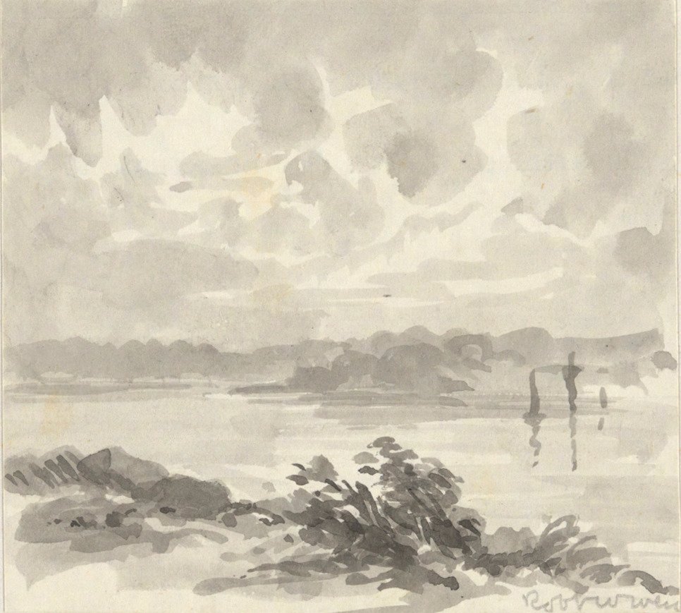 Táj - kilátás a tóra és a dombokra alkotó: Robert Walter Weir