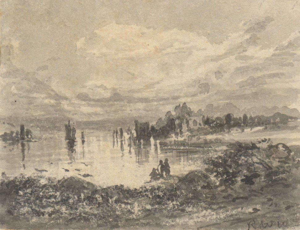 Kilátás a tóra és a hegyekre alakokkal alkotó: Robert Walter Weir