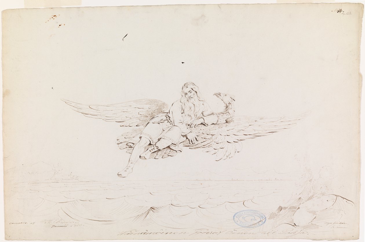 Väinämöinen Carried by an Eagle ; Eredeti rajz a "Kalewala, finn nemzeti költemény, R.W.Ekman rajzaiban" számára. alkotó: Robert Wilhelm Ekman