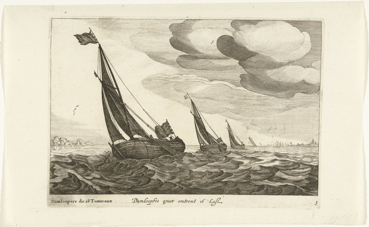 Damloopers Damloopers groot about 16 Last / Damloopers de 16 Tonneaux (cím az objektumon) Hollandse scheepstypen, 1627 (sorozat címe) Különféle hajók Don ton se sert dans les United Provinces / Icons of Various Dutch Ships, amelyek használata többnyire egy alkotó: Robert de Baudous (possibly)
