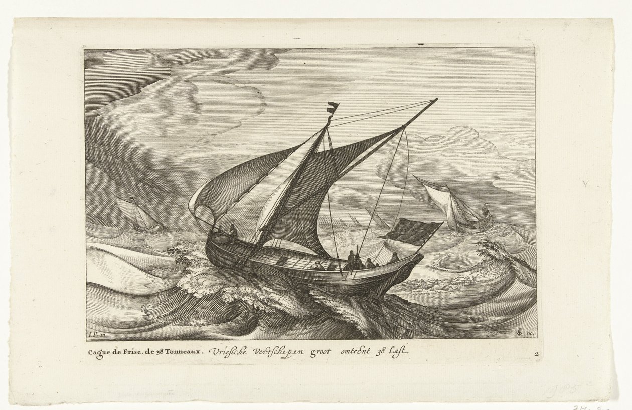 fríz kompok Vriesche Ferry hajók nagy körülbelül 38 Last / Cague de Frise. A 38 Tonneaux (cím a tárgyon) Holland hajótípusok, 1627 (sorozat címe) Változatos Navires Don ton se sert dans les Provinces Unies / Icones Variarum Navium Hollandicarum alkotó: Robert de Baudous (possibly)