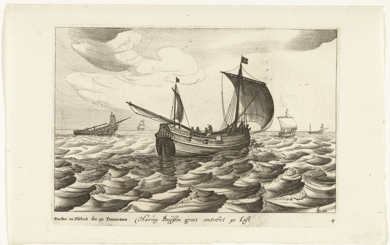 Haringbuizen Haring Buyssen groot about 40 Last / Buche ou Flibot de 40 Tonneaux (cím az objektumon) Hollandse scheepstypen, 1627 (sorozat címe) Különféle hajók Don ton se sert dans les Unies tartományok / Különféle holland hajók ikonjai, amelyek használat alkotó: Robert de Baudous (possibly)