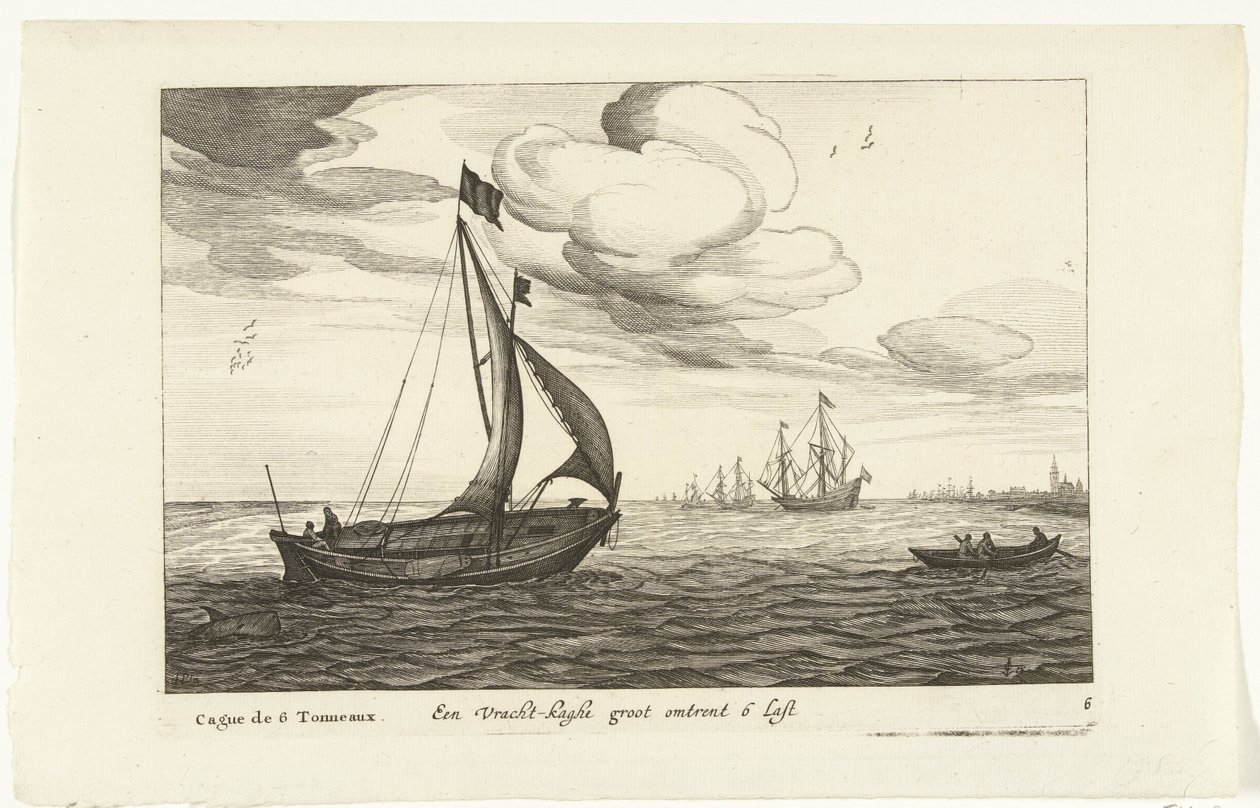 Vrachtkagen Een Vracht-kaghe groot about 6 Last / Cague de 6 Tonneaux (cím a tárgyon) Hollandse scheepstypen, 1627 (sorozat címe) Különféle hajók Don ton se sert dans les United Provinces / Icons of Various Dutch Ships, amelyek használata többnyire egy alkotó: Robert de Baudous (possibly)