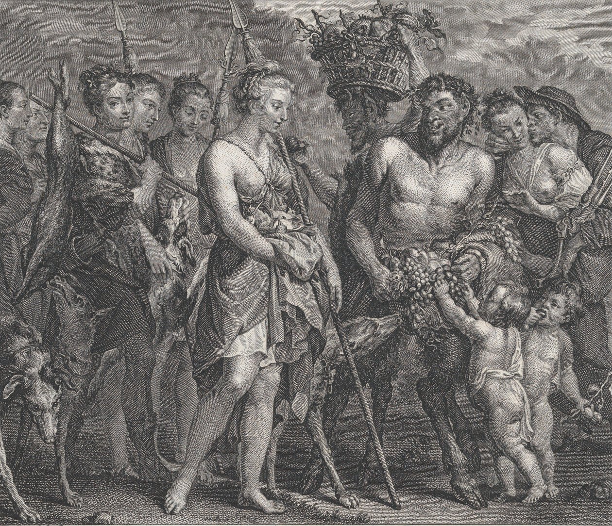 Diana visszatért az üldözésből, kutyák és nimfái kíséretében balra, két szatír..., kb. 1808 alkotó: Robert de Launay