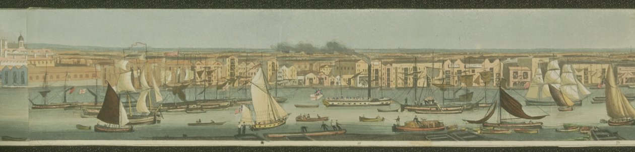 Panorámás kilátás a Temze folyóra a bermondseyi déli partról, Stepney-vel, 1823 (akvatinta) alkotó: Robert the Elder Havell