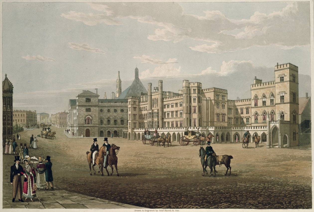 Kilátás a Lordok és Commons Házra, az Old Palace Yard söröző felől. 1821, Colnaghi und Co. (akvatinta) alkotó: Robert the Elder and Younger Havell