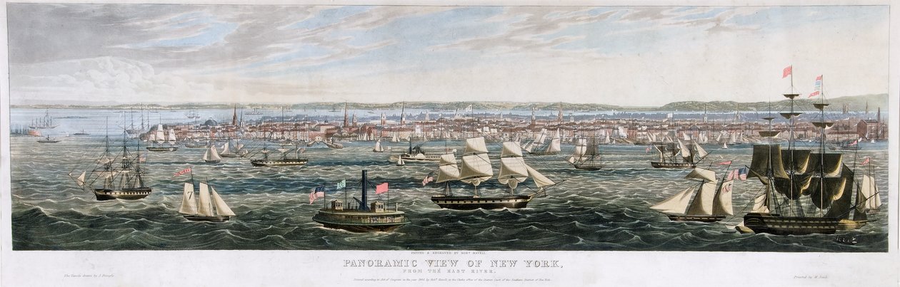 Panorámás kilátás New Yorkra, az East River felől, kocsma. 1844 (színes litó) alkotó: Robert the Younger Havell