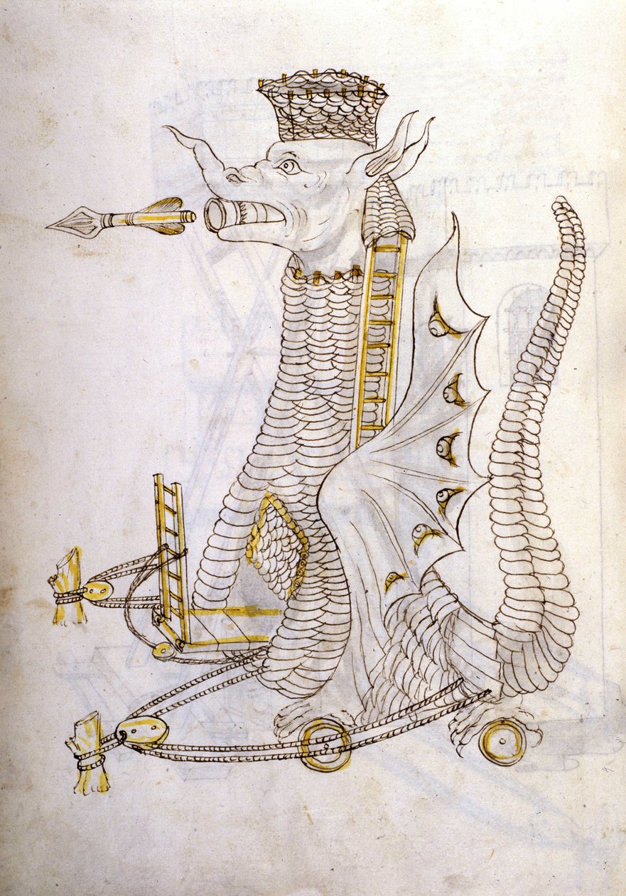 Arabica gép. Illusztráció egy arab hadigépezetről, sárkány formájú, szájából óriási nyilakkal. Roberto Valturio (1405-75) „De re Militari” című művében alkotó: Roberto Valturio