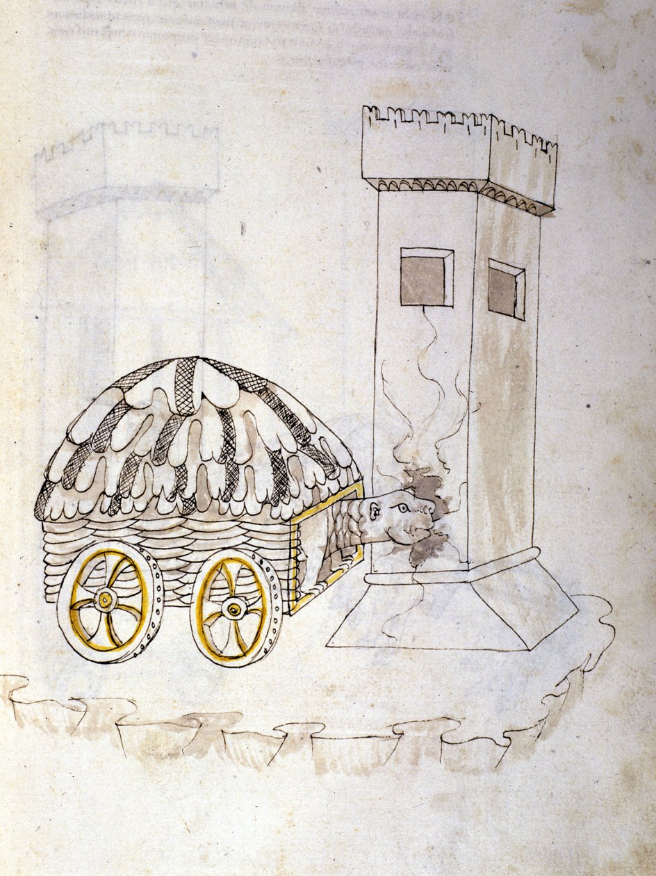 A háború művészete: katonai gépek tanulmányozása. egy páncélozott gép, amely egy tornyot megrohamoz, Roberto Valturio (1405-1483?) mérnök „De re Militari” című illusztrációja alkotó: Roberto Valturio