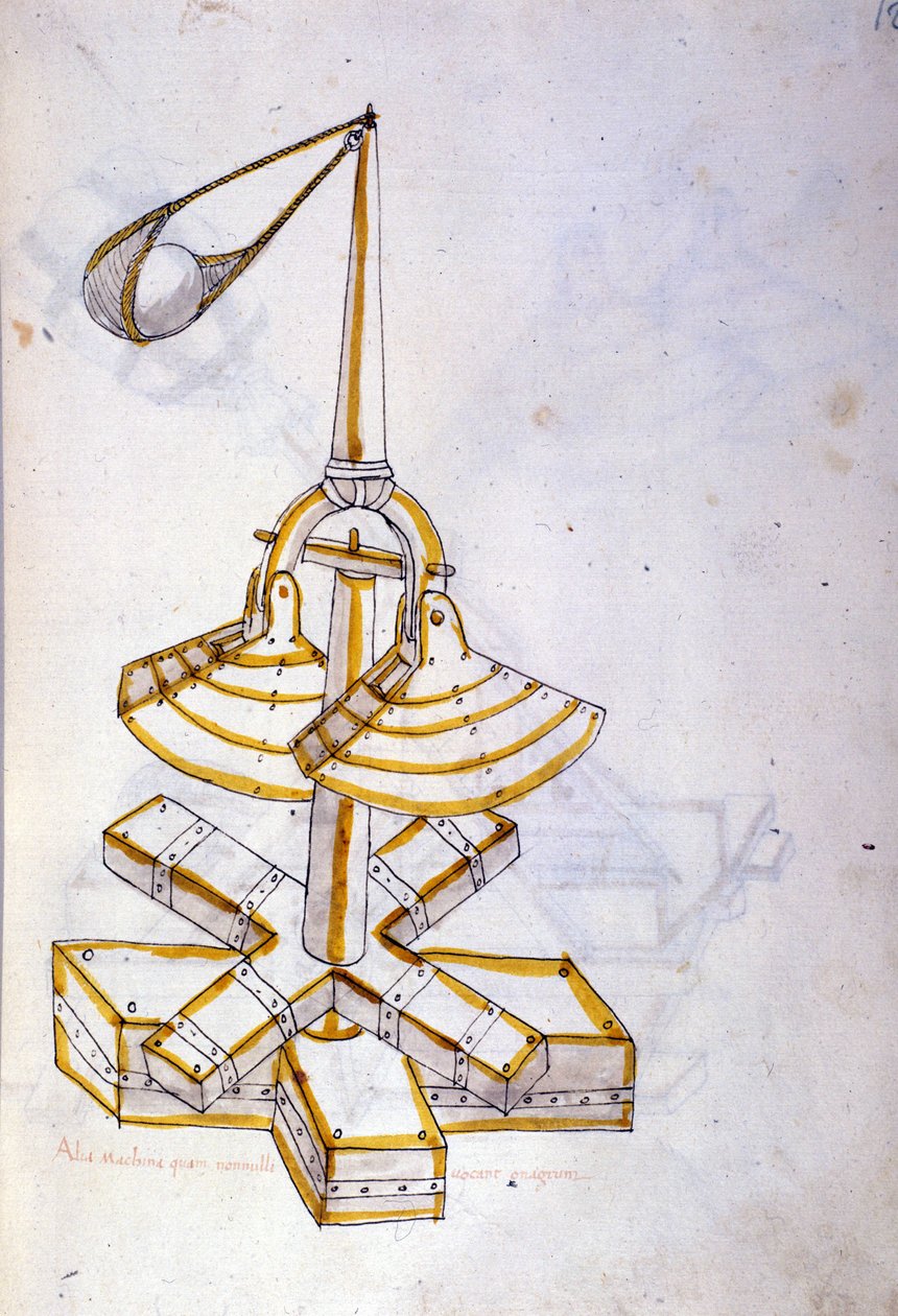 A háború művészete: katonai gépek tanulmányozása. egy forgó csúzligép, Roberto Valturio mérnök (1405-1483?) 