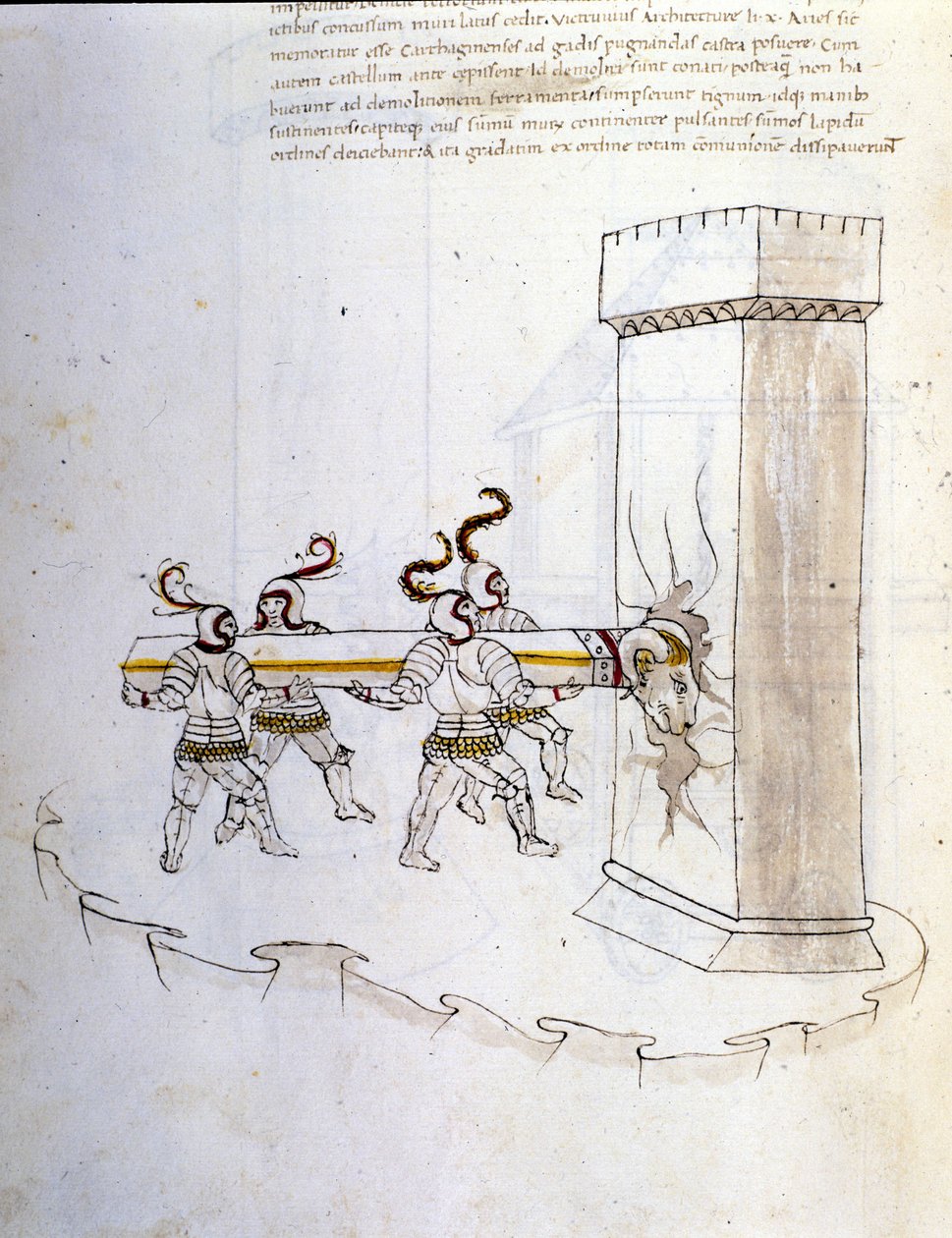 A háború művészete: katonai gépek tanulmányozása. kos használata torony ostromára, Roberto Valturio mérnök (1405-1483?) 