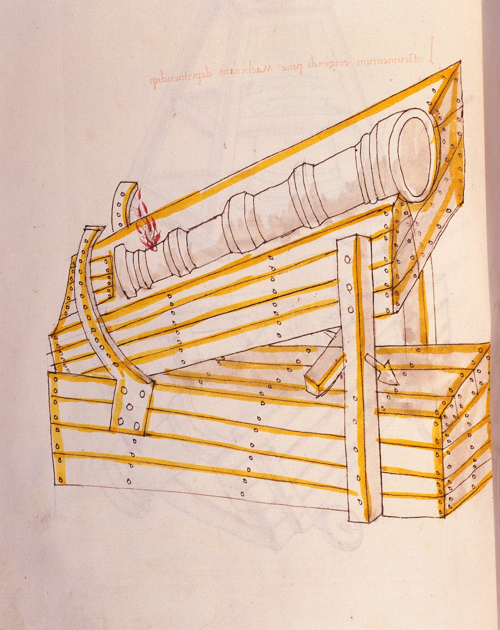 A háború művészete: tanulmány a katonai gépekről. A Canon az óráján pózol, felemelő rendszerrel, illusztrációja Roberto Valturio (1405-1483?) mérnök „De re Militari” című művéből. alkotó: Roberto Valturio