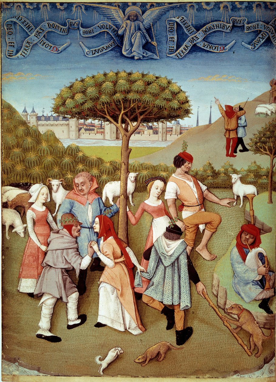 Champetre tánc Bejelentés a pásztoroknak. Miniatűr a Testard Tap (1475-1523 között aktív) Charles d