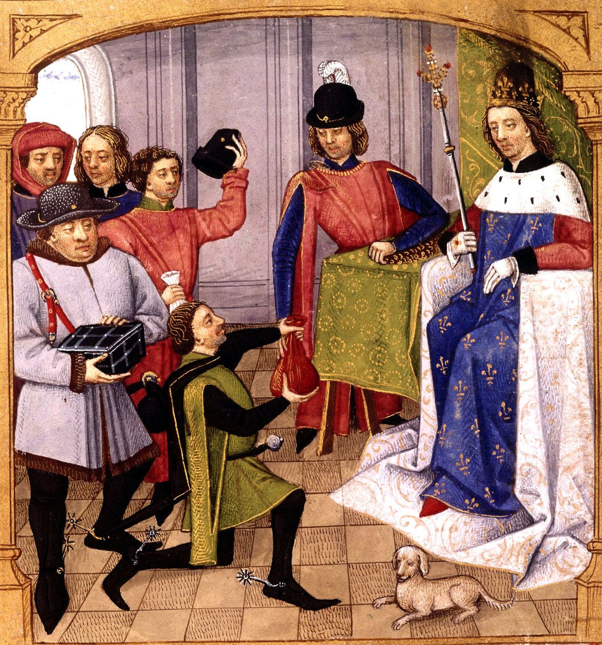 V. Fülöp francia rokon (1293-1322) adót kapott, Robinet Testard világítása a "Grandes Chroniques de France"-ból 1471 alkotó: Robinet Testard