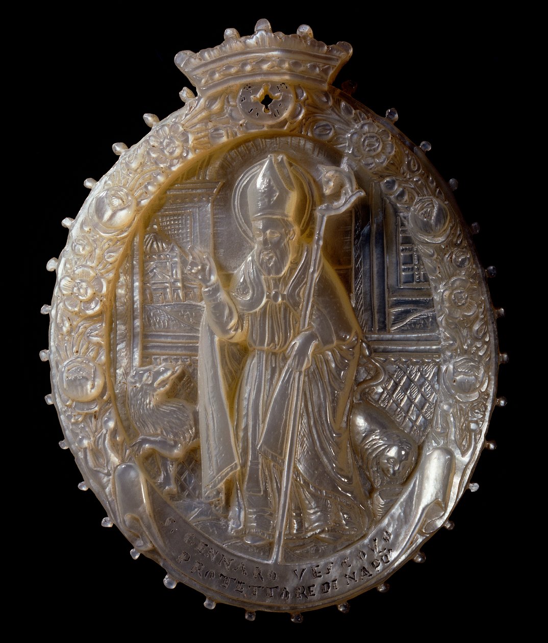 Cameo San Gennaro vikárius gyöngyházában alkotó: Roc Salomon
